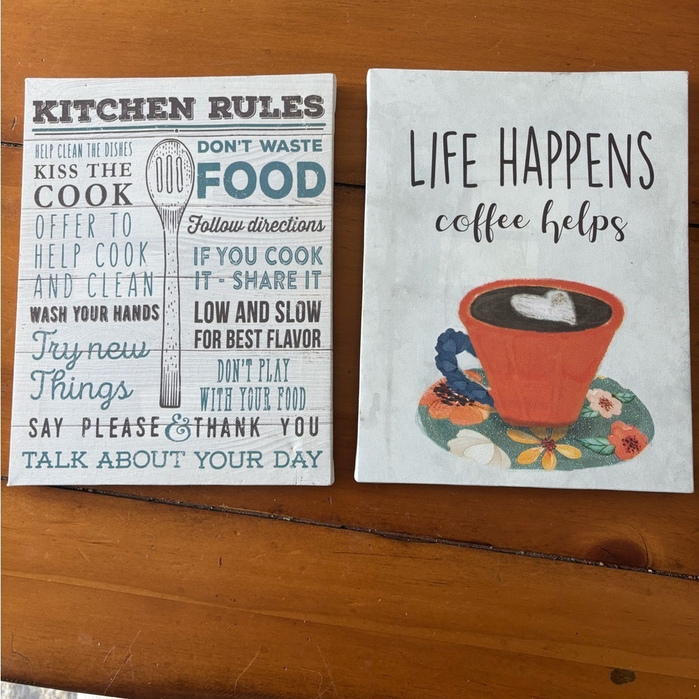 Decorative Kitchen Canvas Set of 2- White and Multicolor. Coffee and kitchen